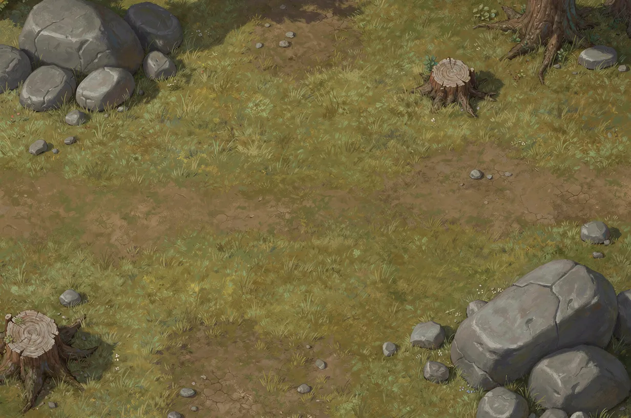 One of the game's painted backdrops, seen from above: a summer meadow of grass and bare earth with clusters of grey boulders along two corners and two cut tree stumps. The boulders are the obstacles the rules describe — they stop feet and arrows.