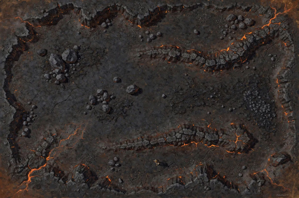 A DANKGAME battlefield seen from directly above: a painted plain of cracked black basalt with molten orange fissures glowing through it, ridges of broken rock and scattered boulders across the middle, and open ash-grey ground along the left and right edges where the two armies are placed.