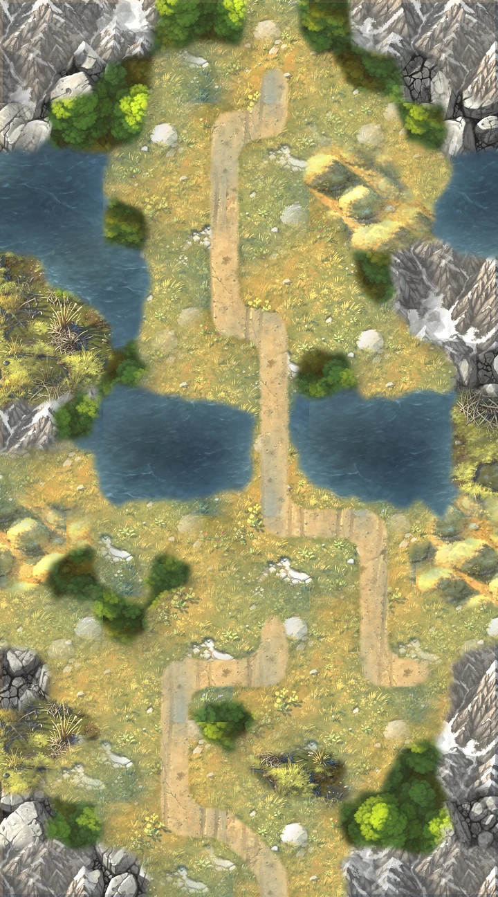 The painted map of The Causeway Meres: the town at the near (bottom) edge, Haskett’s lair at the far (top) edge.