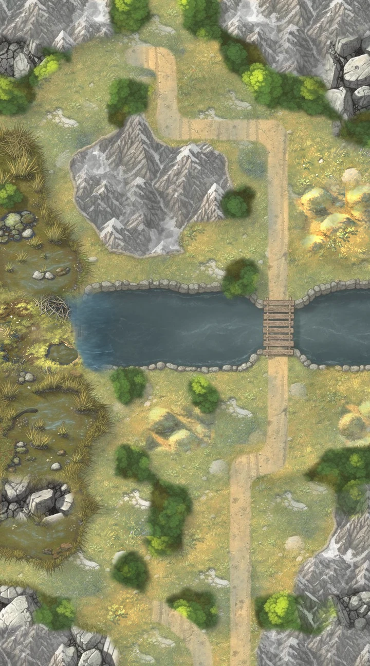The painted map of Reedford: the town at the near (bottom) edge, Haskett’s lair at the far (top) edge.