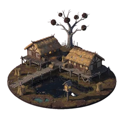 The Peatholm’s town on the map: thatched stilt houses round a black pool under a bare tree.